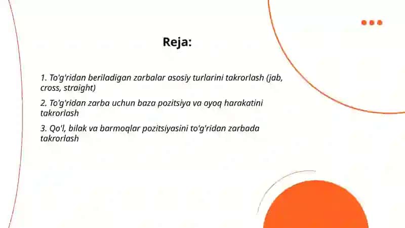 To'g'ridan beriladigan zarbalar texnikasini takrorlash 2