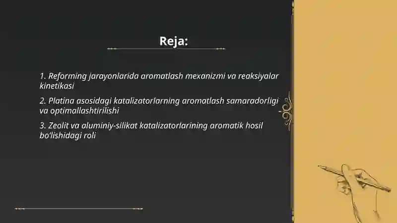 Reforming jarayonlari aromatlash reaksiyalari katalizatorlar roli aromatik sanoatidagi ahamiyati haqida izlanishlar 2