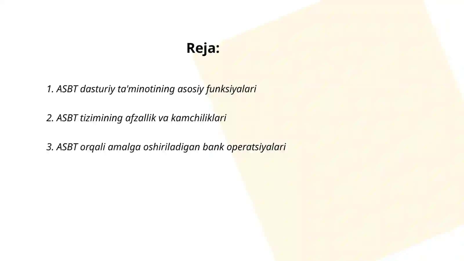 Bank faoliyatida qo'llaniladigan dasturiy ta'minotlar «ASBT», «ASKB», «IABS», «GLOBUS», «NS" sxemasini MS Word dasturida bajarib, har bir bo'limiga ta'ri bering 2