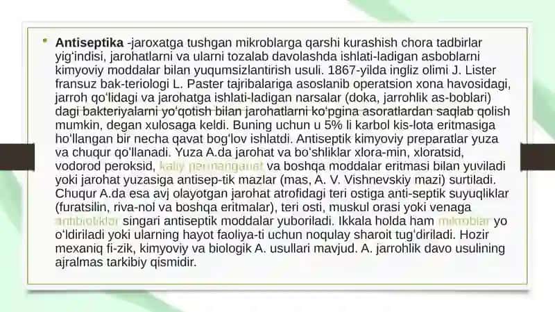 Zamonaviy  fizik  antiseptika  usullari.  Kimyoviy  va  biologik  antiseptiklar guruxlari va turlari 2