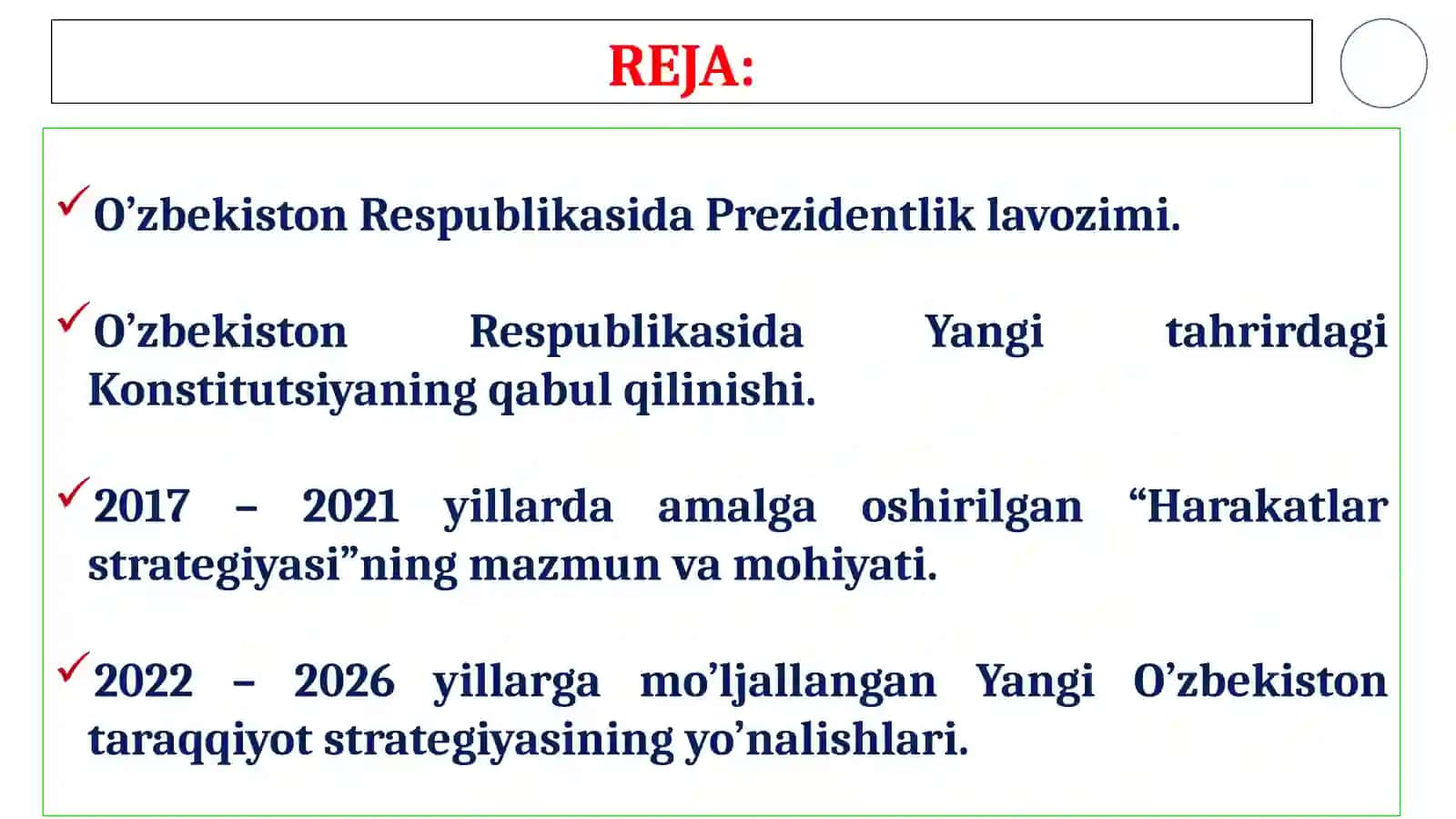 YANGI O`ZBEKISTONIJTIMOIY-SIYOSIY, IQTISODIY VA MADANIY HAYOTIDA RO’Y BERGAN O’ZGARISHLAR 2