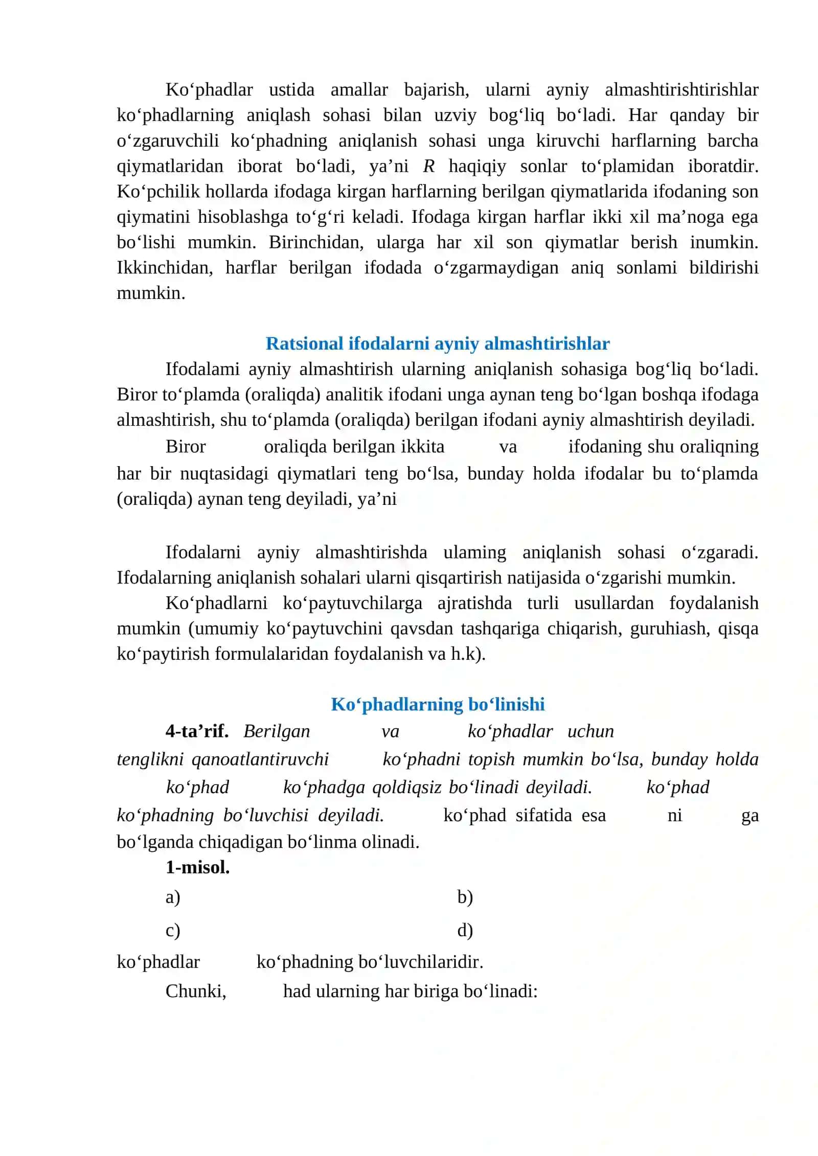 BIR O‘ZGARUVCHILI KO‘PHADLARNI BO‘LISH VA KO‘PHADNI ILDIZI 2