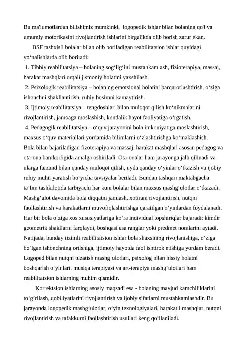 BSF tashxisli bolalar bilan olib boriladigan reabilitatsion va korreksion ishlar. 2