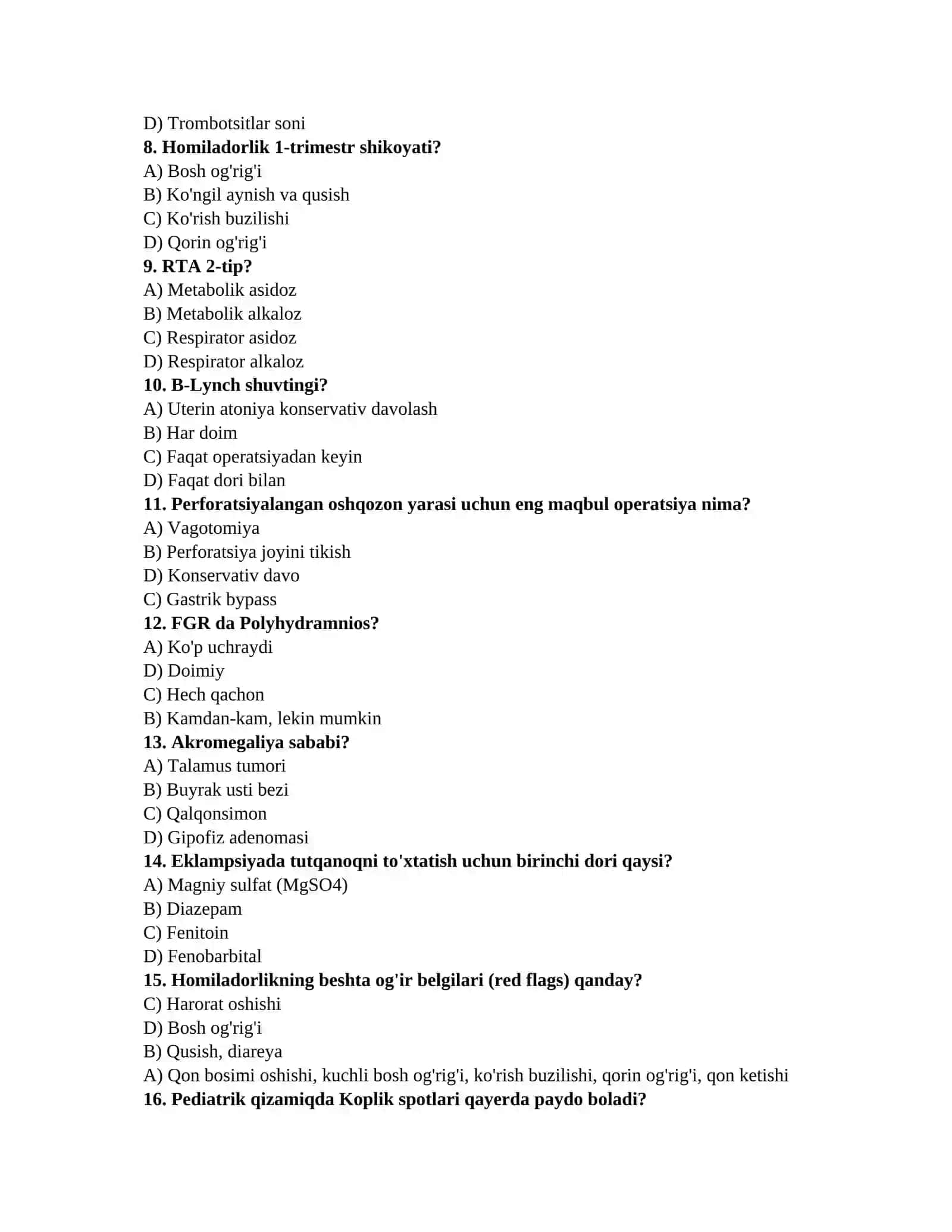 Tibbiyot testlari javobi 2