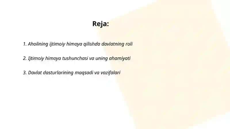 Aholining kuchli ijtimoiy himoya qilish davlat dasturining amaliyotga tadbiq etilishi. Slayd 2