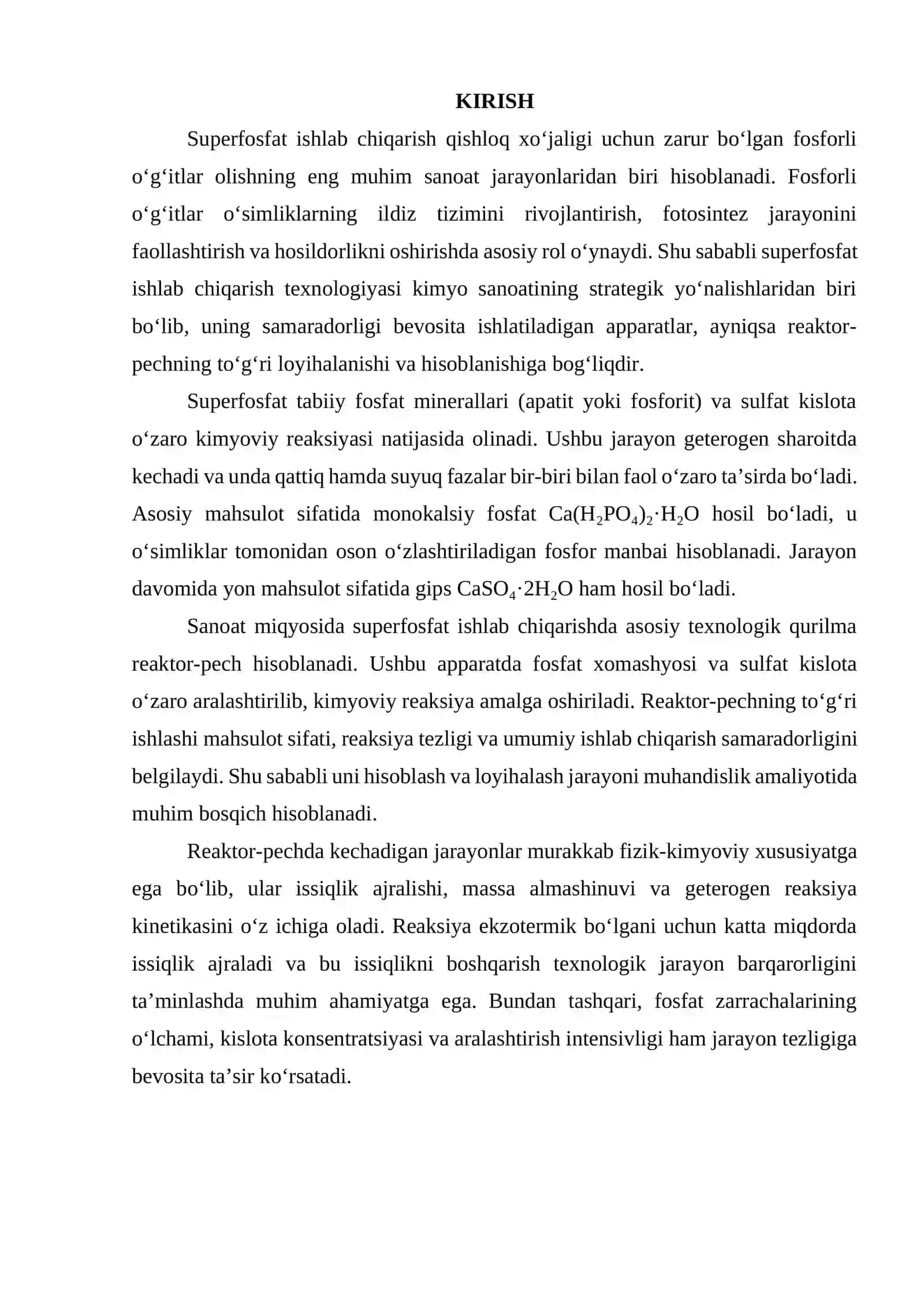 Superfosfat ishlab chiqarishda pech (reaktor-pech) hisoblash. G = 14 t/soat 2