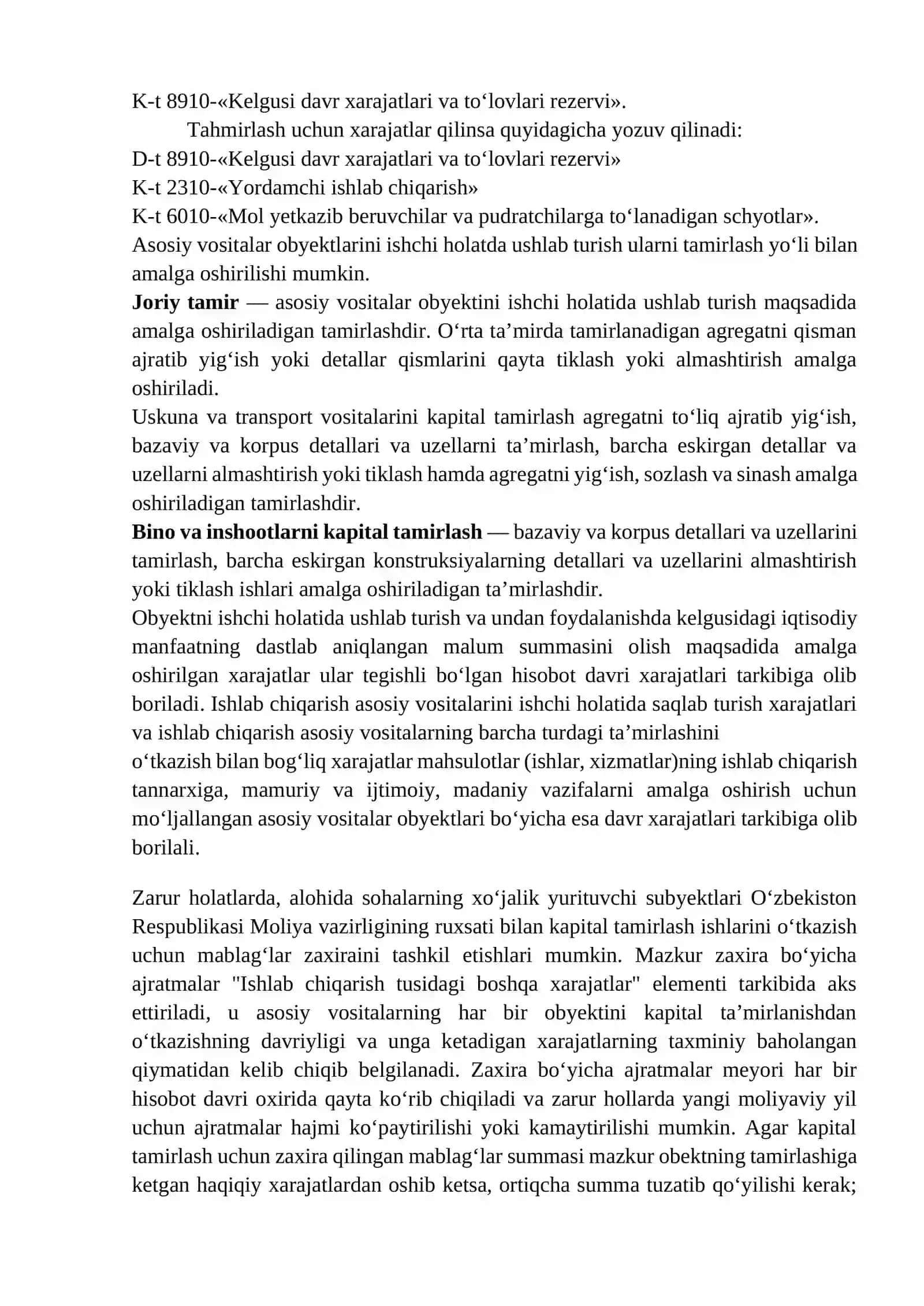 Asosiy vositalarni ta’mirlash xarajatlarini hisobga olish 2
