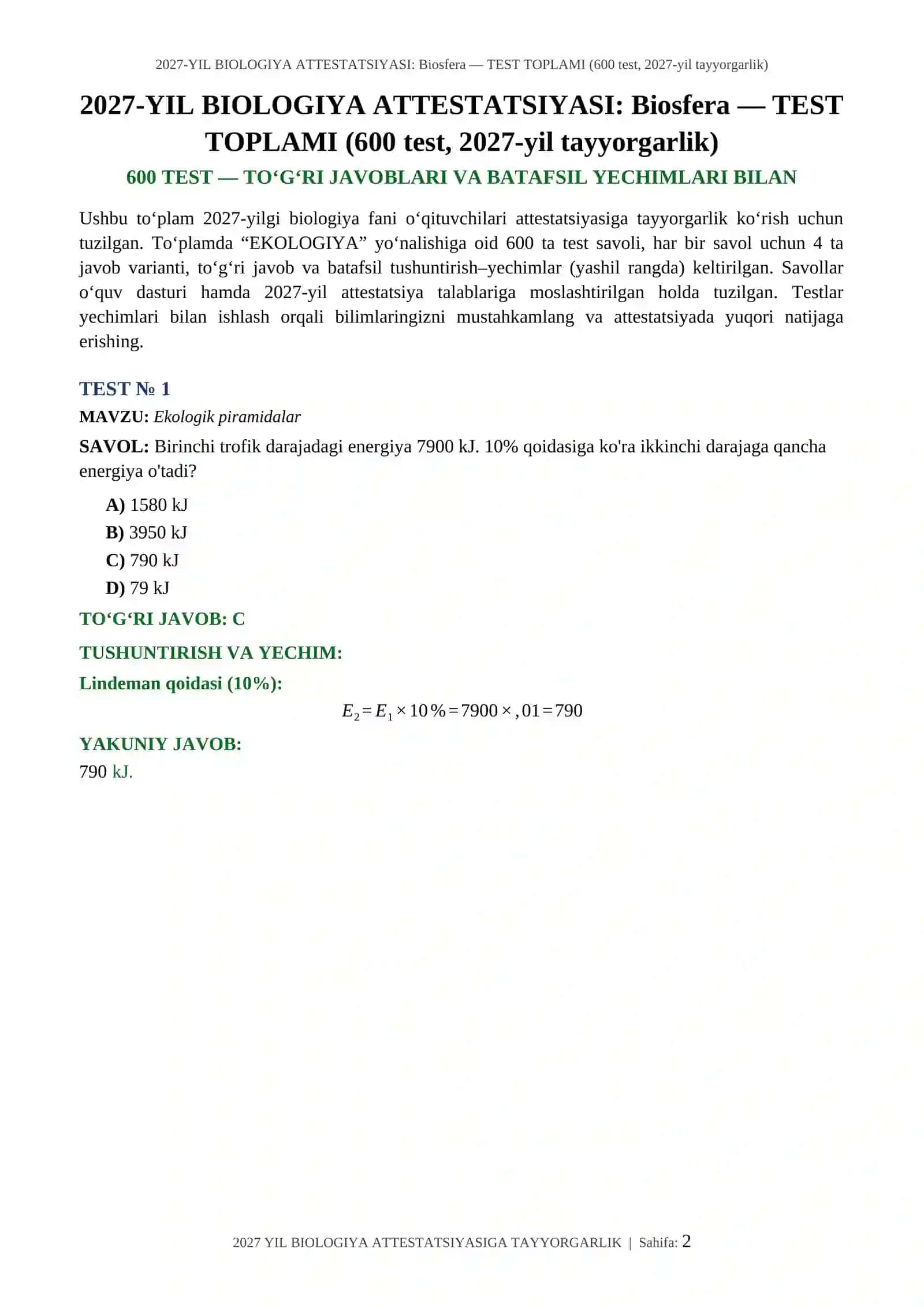 2027-YIL BIOLOGIYA ATTESTATSIYASI: Biosfera — TEST TOPLAMI (600 test, 2027-yil tayyorgarlik) 2