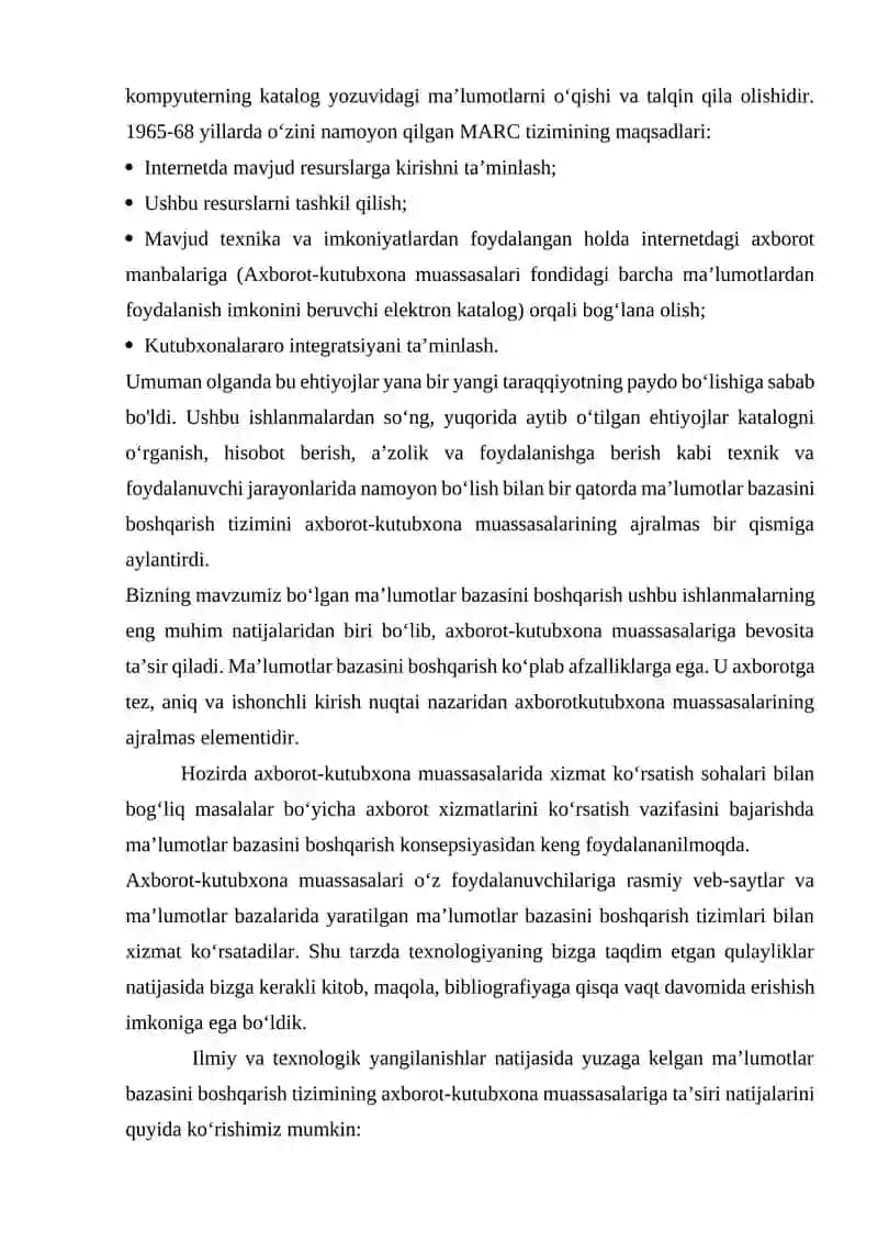 Axborot-kutubxona muassasalarida ma’lumotlar bazasini boshqarish tizimining ahamiyati va afzalliklari 2