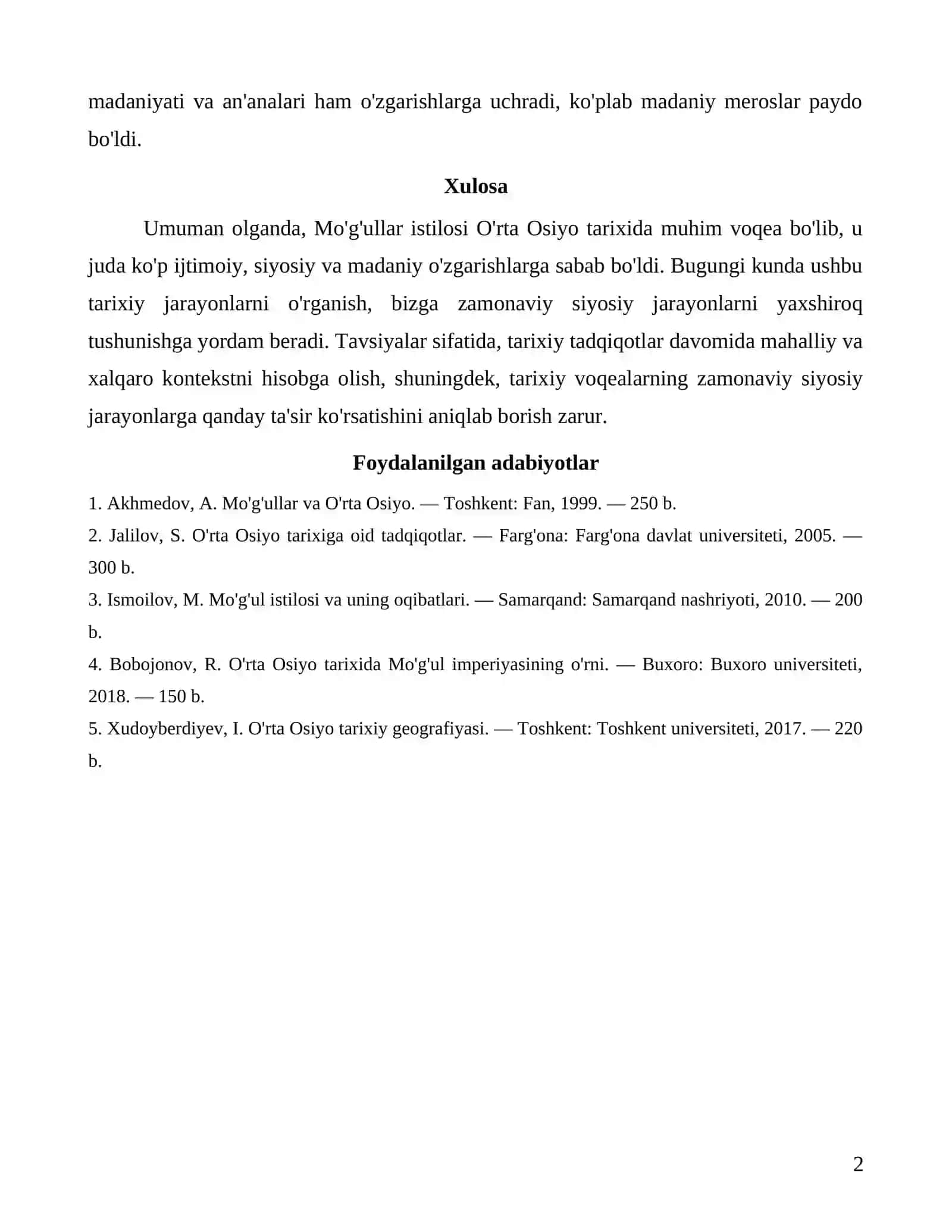 Mo'g'ullar istilosi O'rta Osiyo tarixida muhim davr hisoblanadi 2