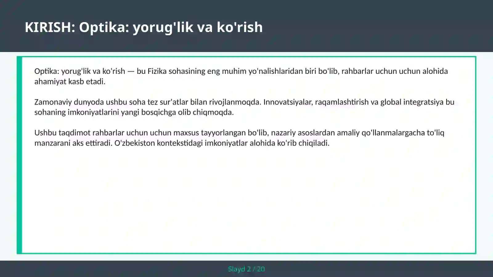 OPTIKA: YORUG'LIK VA KO'RISH 2
