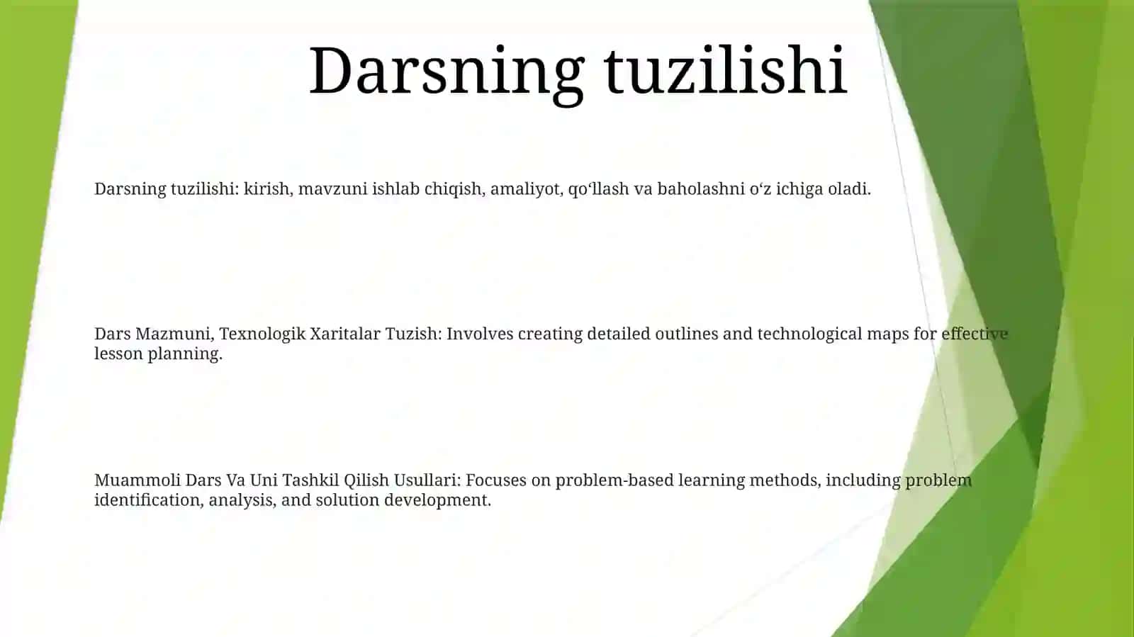 Dars Mazmuni, Texnologik Xaritalar Tuzish.Muammoli Dars Va Uni Tashkil Qilish Usullari. Darsni Tahlil Qilish.BoshlangʻIch Sinf Matematikadan Darsdan Tashqari MashgʻUlotlarni Tashkil Etish. TaʼLimning Darsdan Tashqari Yordamchi Shakllari, OʻZlashtirmaydigan OʻQuvchilar Bilan Ishlash.OʻQuvchilar Uy Vazifalari, Uni Tashkil Qilishga QoʻYilgan Talablar 2