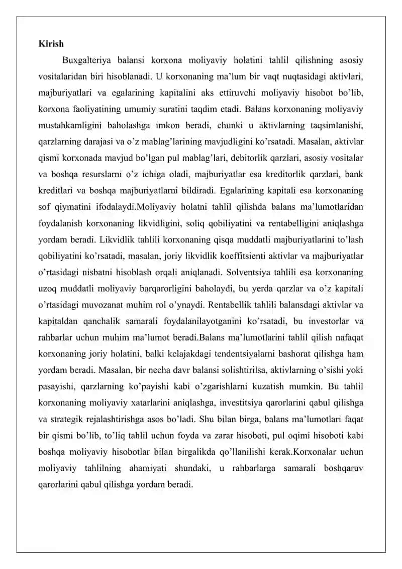 Buxgalteriya balansi ma’lumotlari asosida korxona moliyaviy holatini tahlil qilish 2