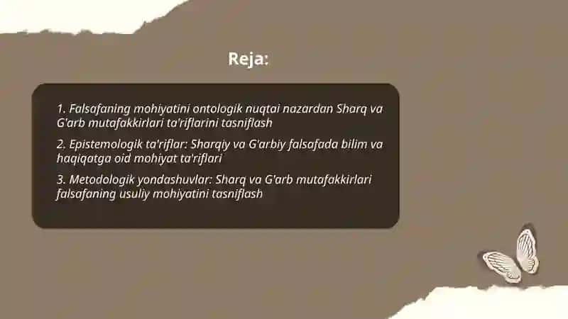 Falsafaning mohiyatga oid Sharq va G'arb mutafakkirlari ta'riflarini tasniflash 2