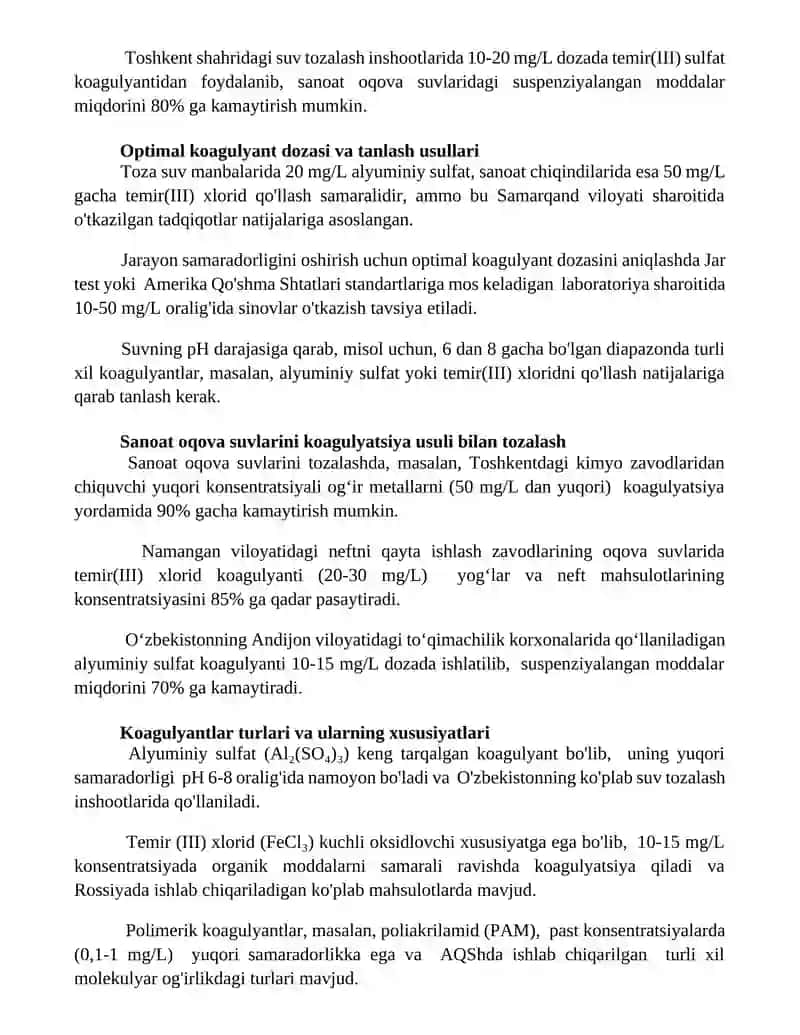 Tabiiy va sanoat oqava suvlarini tozalashda koagullyatsiya qo‘llanilishi 2