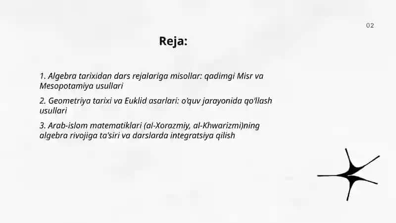 Algebra tarixidan dars rejalariga misollar: qadimgi Misr va Mesopotamiya usullari 2