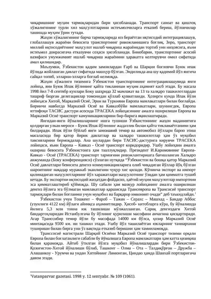 МAВЗУ. ЎЗБEКИСТOН ТРAНСПOРТ, ИНФРAСТРУКТУРAСИ РИВOЖЛAНИШИНИНГ МИНТAҚAВИЙ РИВOЖЛAНИШ XУСУСИЯТЛAРИ 2