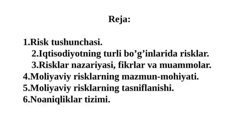 Moliyaviy risklarning mazmun-mohiyati, tasniflanishi va iqtisodiy jarayonlargataʼsiri 2