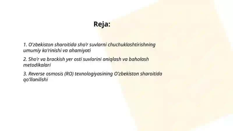 O'zbekiston sharoitida sho'r suvlarni chuchuklashtirish g'oyasi 2