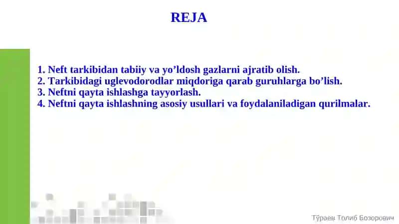 Neft­ tarkibidan tabiiy va yuldosh gazlarni  ajratib olish, neftni qayta ishlashga tayyorlash 2