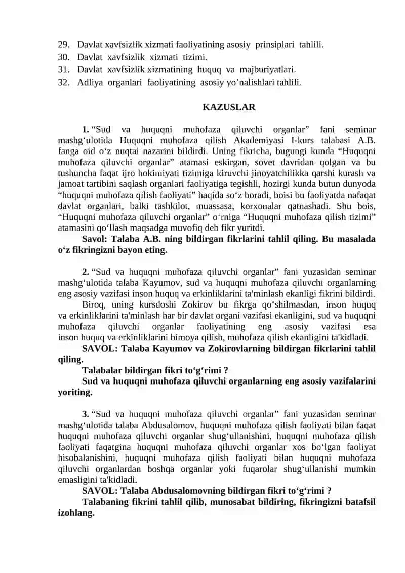 SUD VA HUQUQNI MUHOFAZA QILUVCHI ORGANLAR MODULI YAKUNIY NAZORAT TOPSHIRIQLARI 2