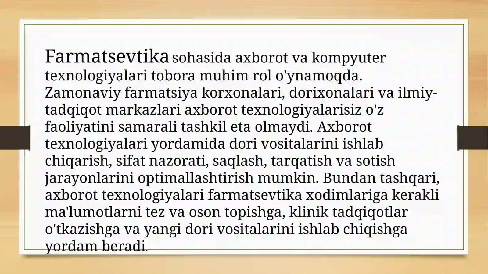 Farmatsiyada axborot va kompyuter texnalogiyalarining maqsadi va vazifalari. Farmasevtika sohasiga doir axborotlarning xossalari 2