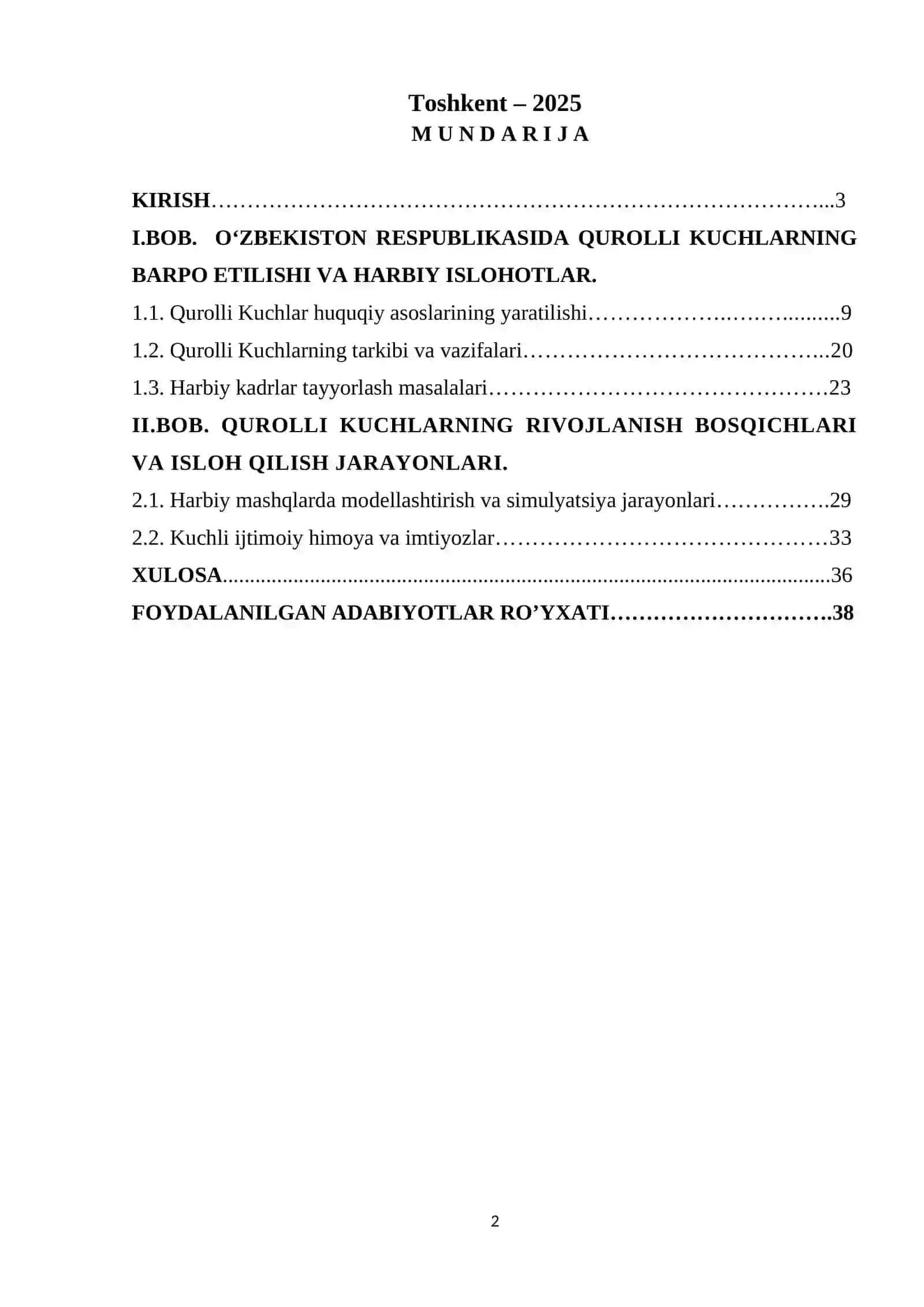 Õzbekiston Qurolli Kuchlari Kurs ishi 2