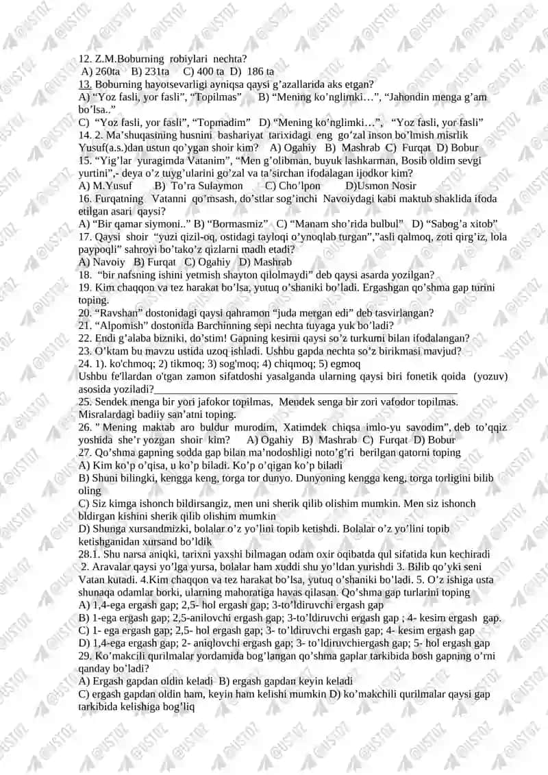 9-SINF ONA TILI VA ADABIYOT FANIDAN MAKTAB BOSQICH OLIMPIADA SAVOLLARI 2