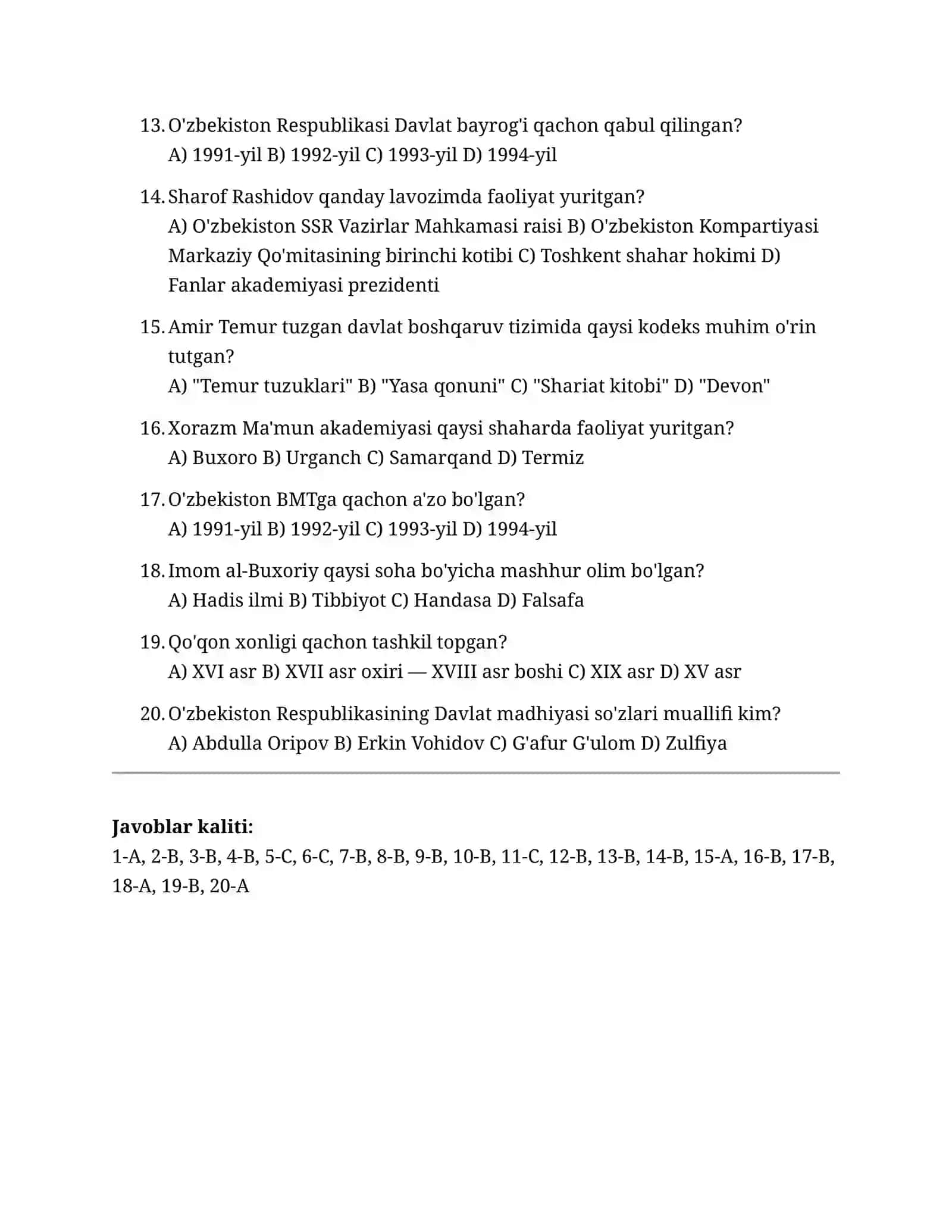 O'zbekiston Tarixi (namunaviy test, 20 savol) 2