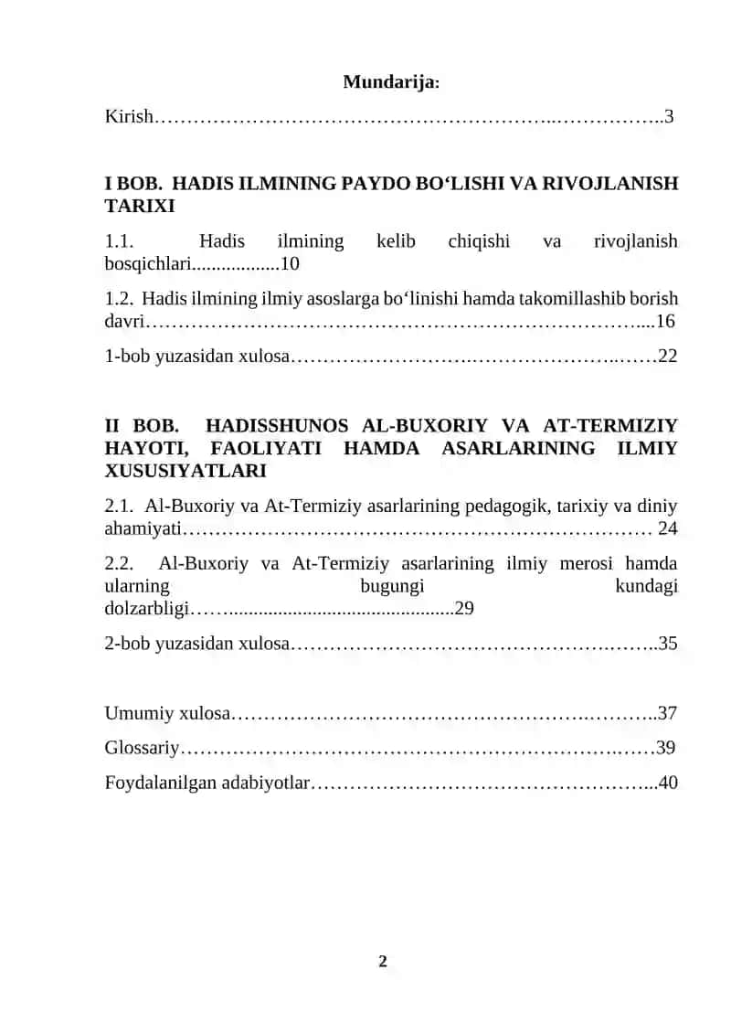 Hadis ilmining paydo bo'lishi. Al-Buxoriy, At-Termiziy asarlari (KURS ISHI) 2