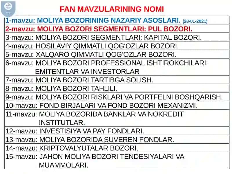 MOLIYA BOZORI SEGMENTLARI:PUL BOZORI 2