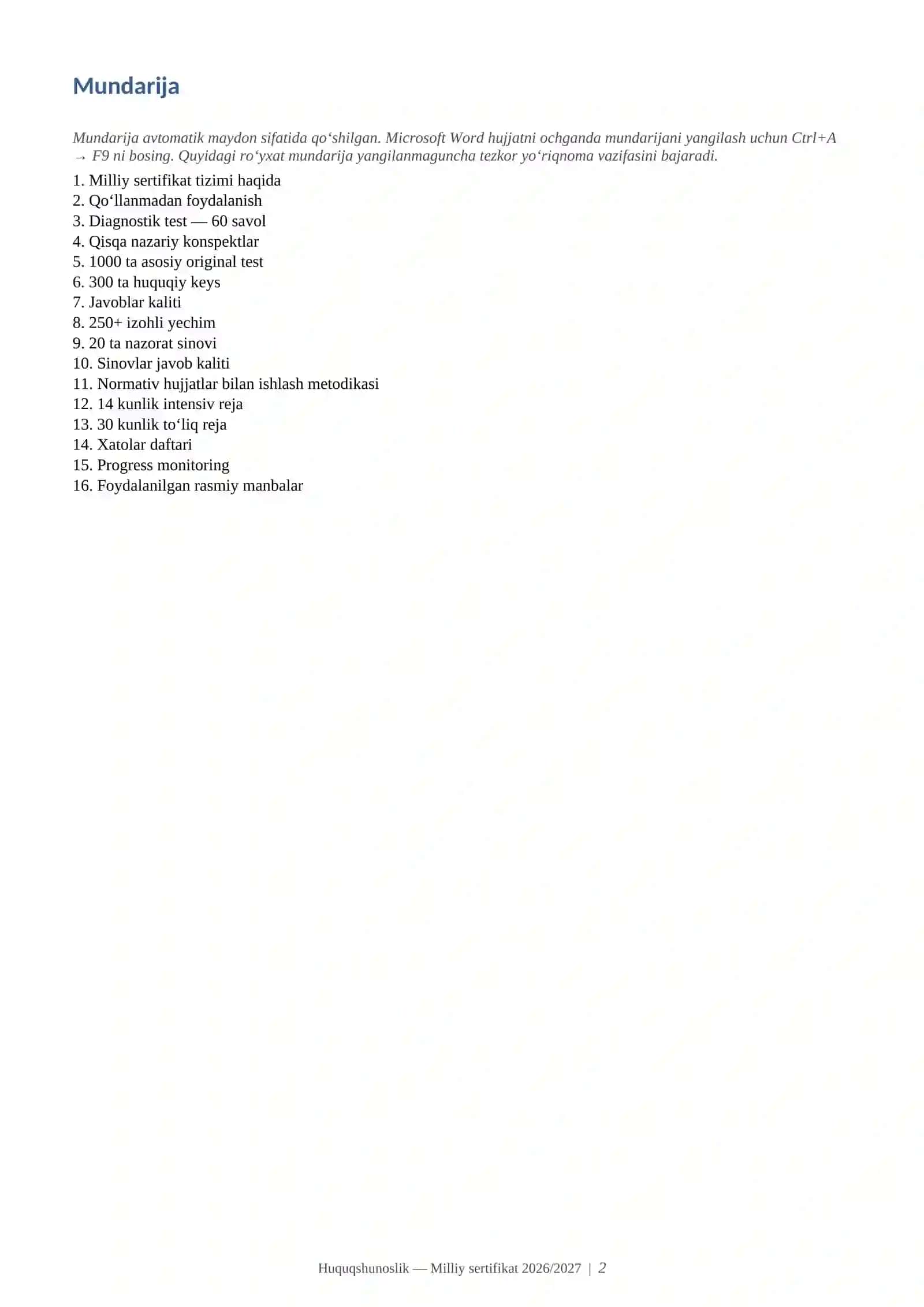 Huquqshunoslik Milliy sertifikati 2026/2027 | 1000+ test + 300+ huquqiy keys + 20 sinov 2