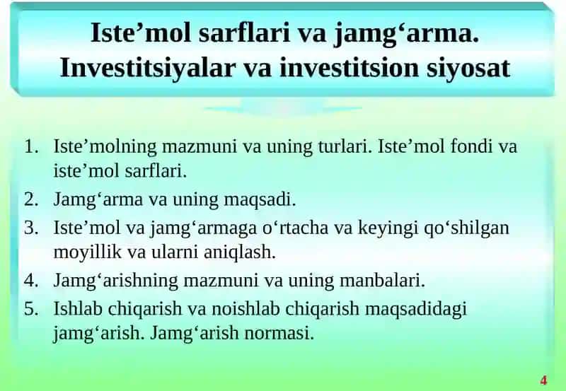 Iste’mol sarflari va jamg‘arma. Investitsiyalar va investitsion siyosat 2