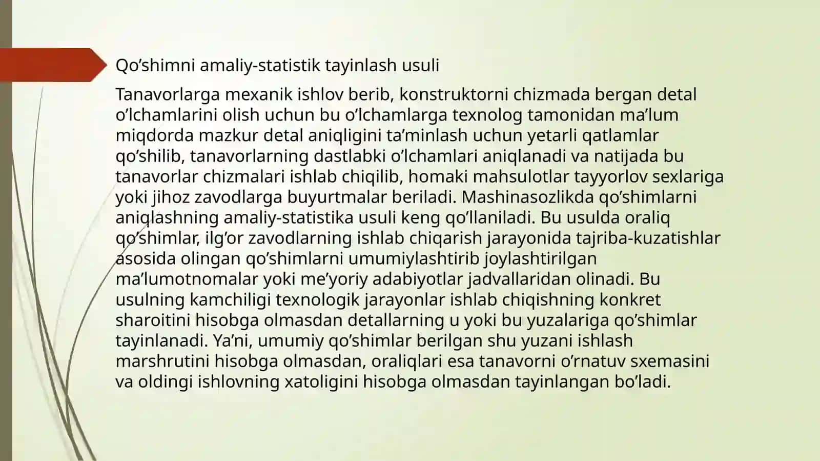 MEXANIK ISHLOV BERISH UCHUN QO’SHIMLARNI HISOBLASH USULLARI 2