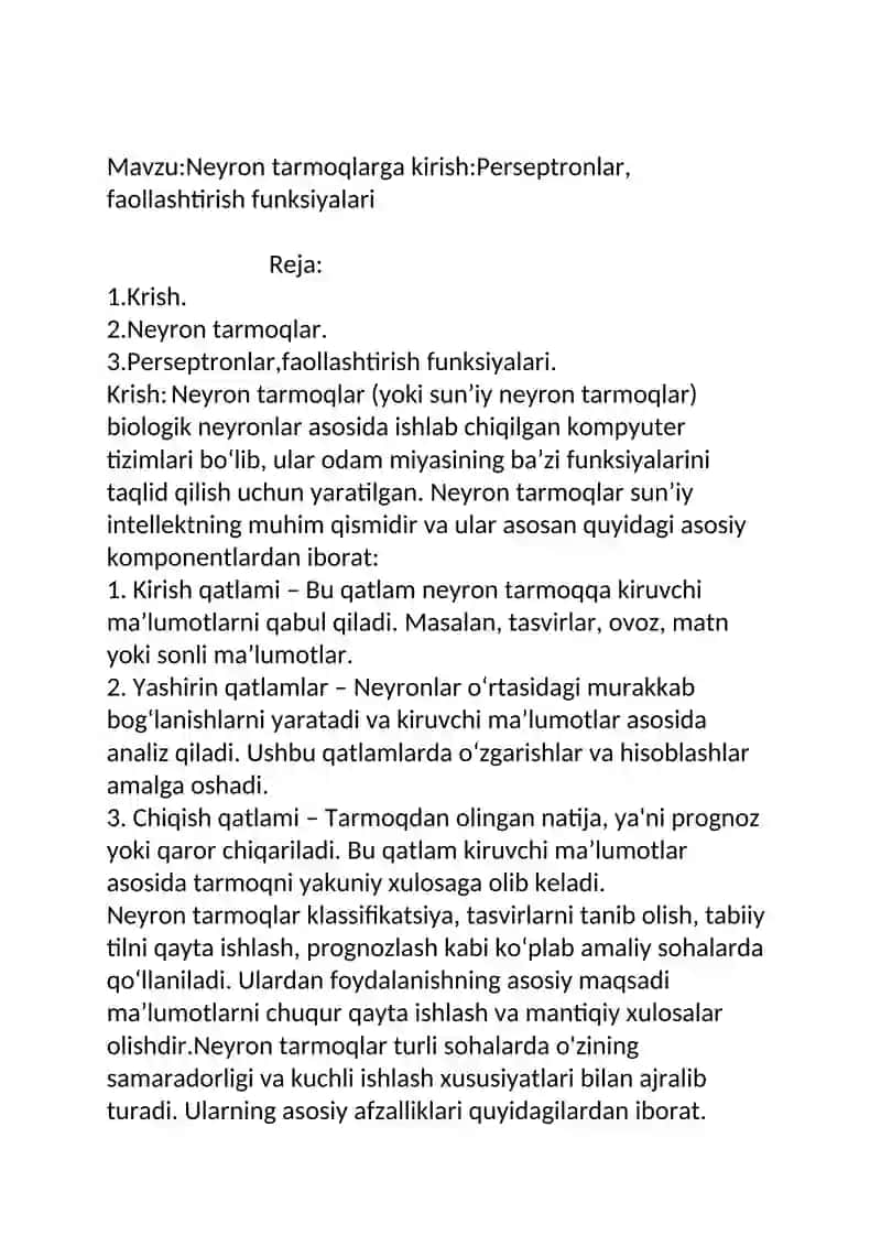 Neyron tarmoqlar 2