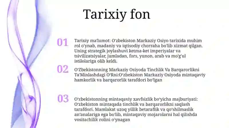 Oʻzbekistonning Markaziy Osiyoda Tinchlik Va Barqarorlikni Ta'Minlashdagi OʻRni 2