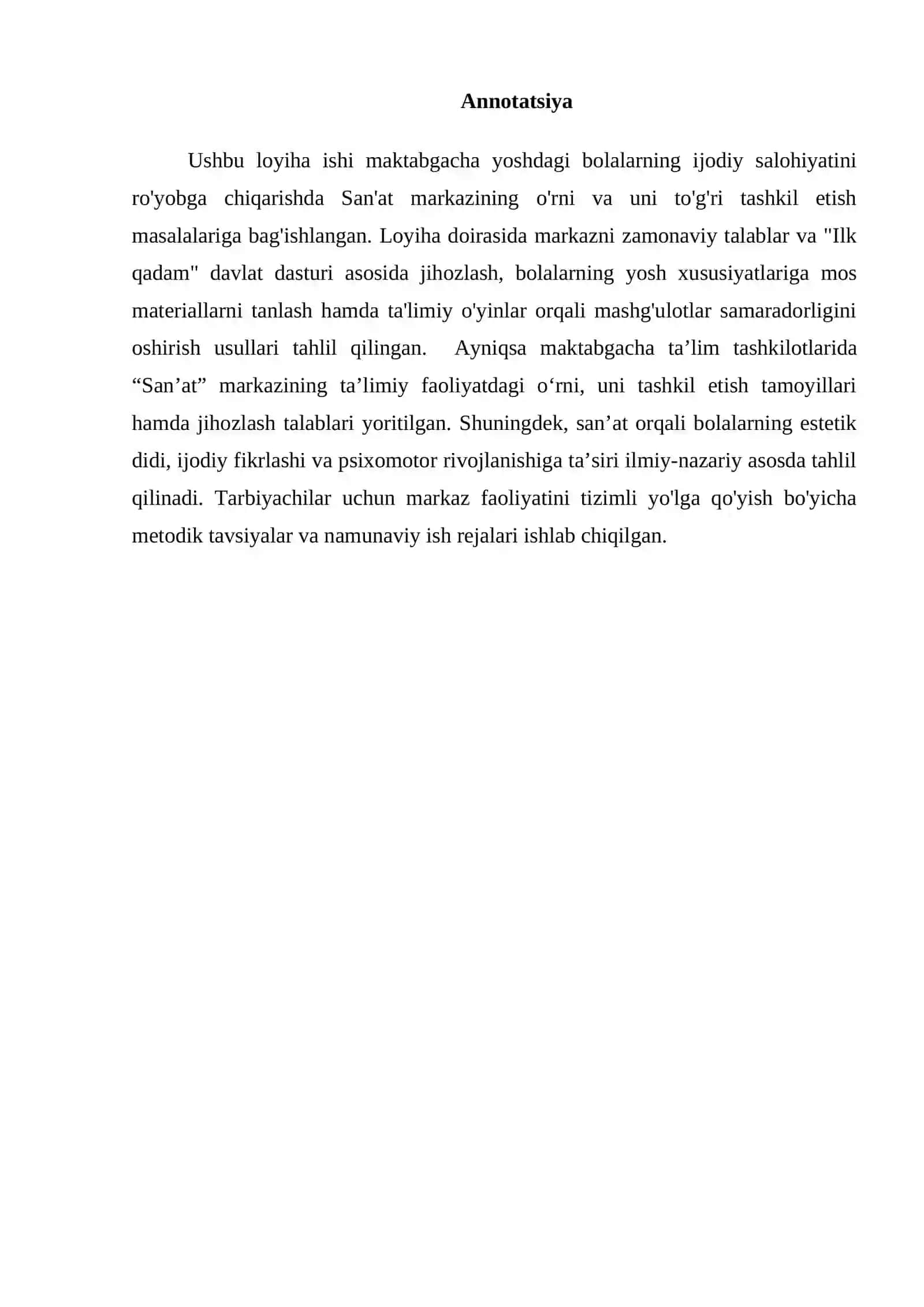 Maktabgacha ta'lim tashklotida San'at markazi faoliyatini tashkil etish 2
