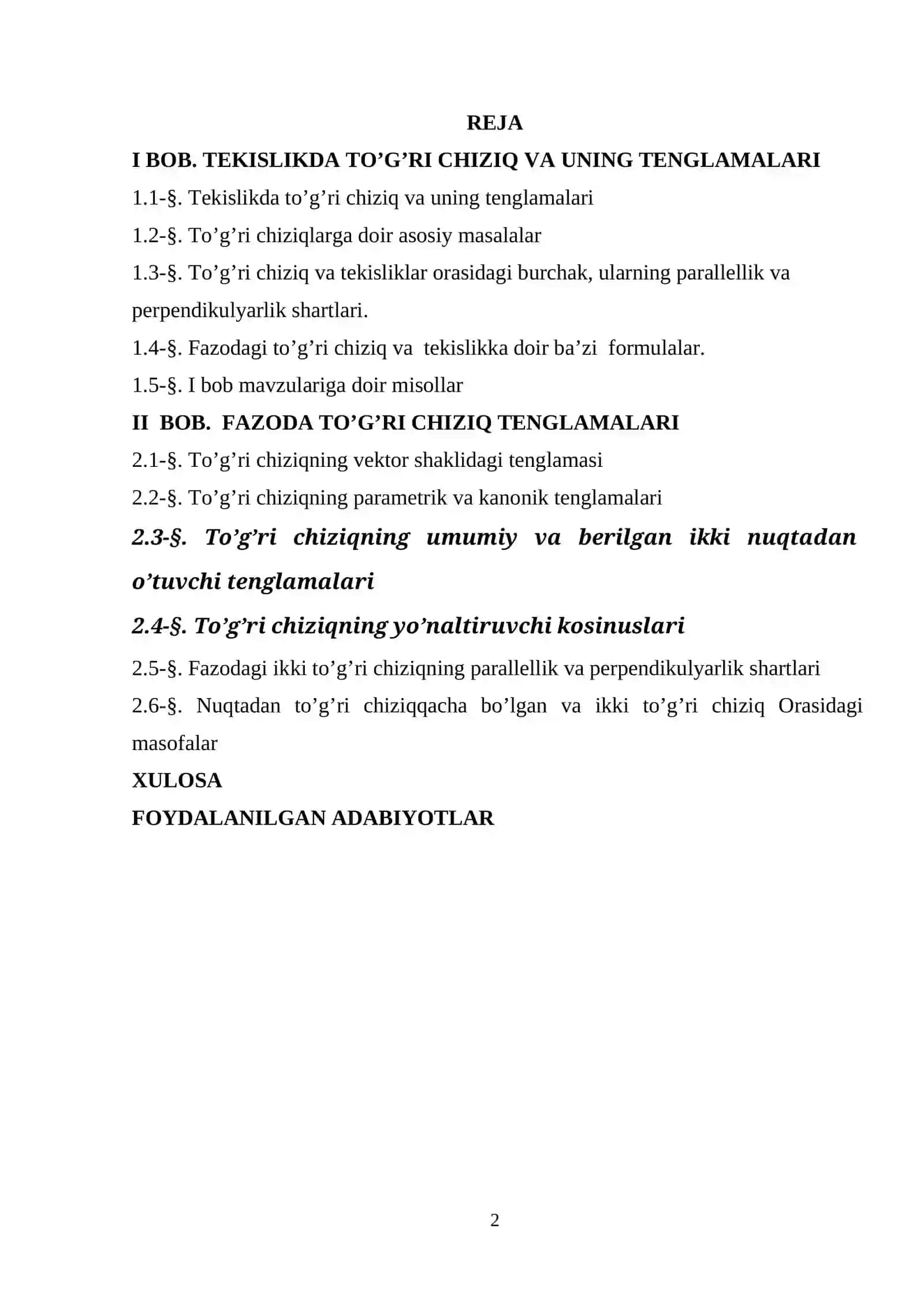 «Fazoda to`g`ri chiziqning turli tenglamalari» mavzudagi KURS ISHI 2