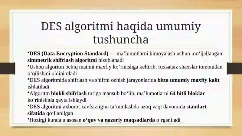 DES algoritmini shifrlash prinsipi va zaxiralarni 2