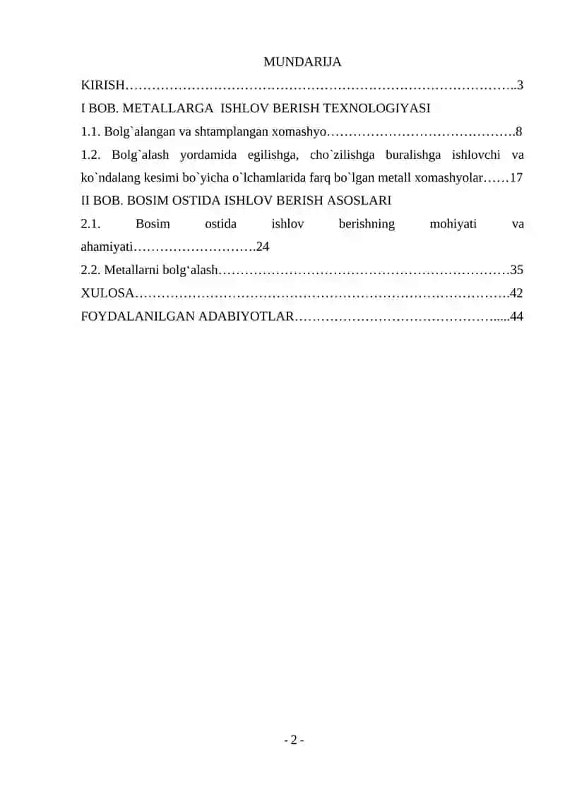 Kurs Ishi: Metallarga ishlov berish texnologiyasi 2
