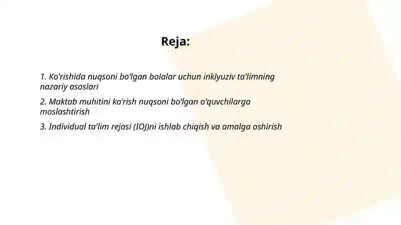 Koʻrishida nuqsoni boʻlgan bolalarni inklyuziv ta'limga jalb etish 2