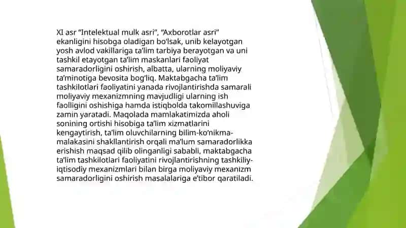 Maktabgacha ta'limni rivojlantirish va moliyaviy ta'minlash mavzusi 2
