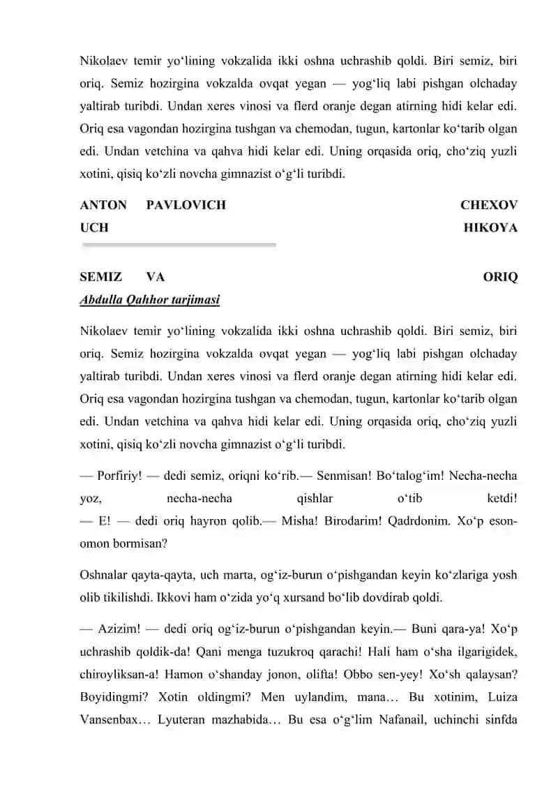 CHEXOV HIKOYALARI CHINGIZ AYTMATOV QISSALARI PRIMQUL QODIROV ZAMONLARI SPIK TUR SIFATIDA 2