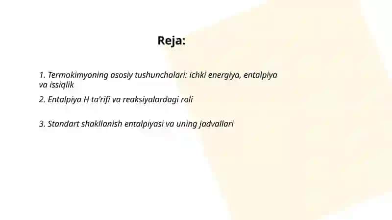 Termokimyo. Gess qonuni. Kirgoff qonuni. Issiqlik sigʻimi va uning xillari. Xarakteristik funksiyalar 2