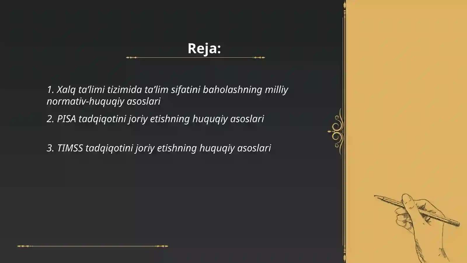 Xalq ta'limi tizimida ta'lim sifatini baxolash bo'yicha xalqaro tadqiqotlarni(PISA,TIMSS,PIRLS,TALIS) joriy etishning me'yoriy-huquqiy asoslari, asosiy maqsadlar va chora-tadbirlar Abdusattorova Odina 2