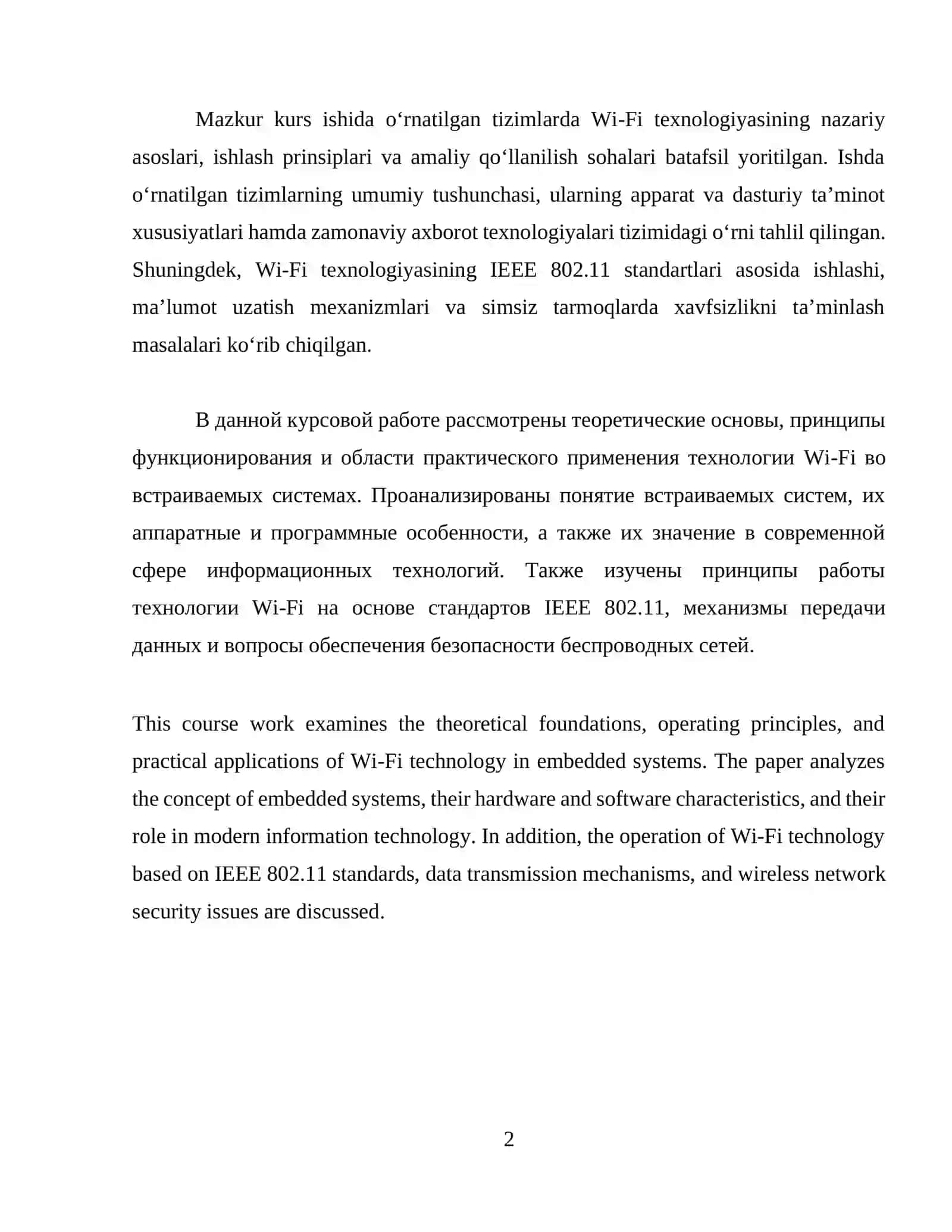 O‘RNATILGAN TIZIMLARDA WIFI TEXNOLOGIYASI KURS ISHIGA HISOBOT YOZUVI 2