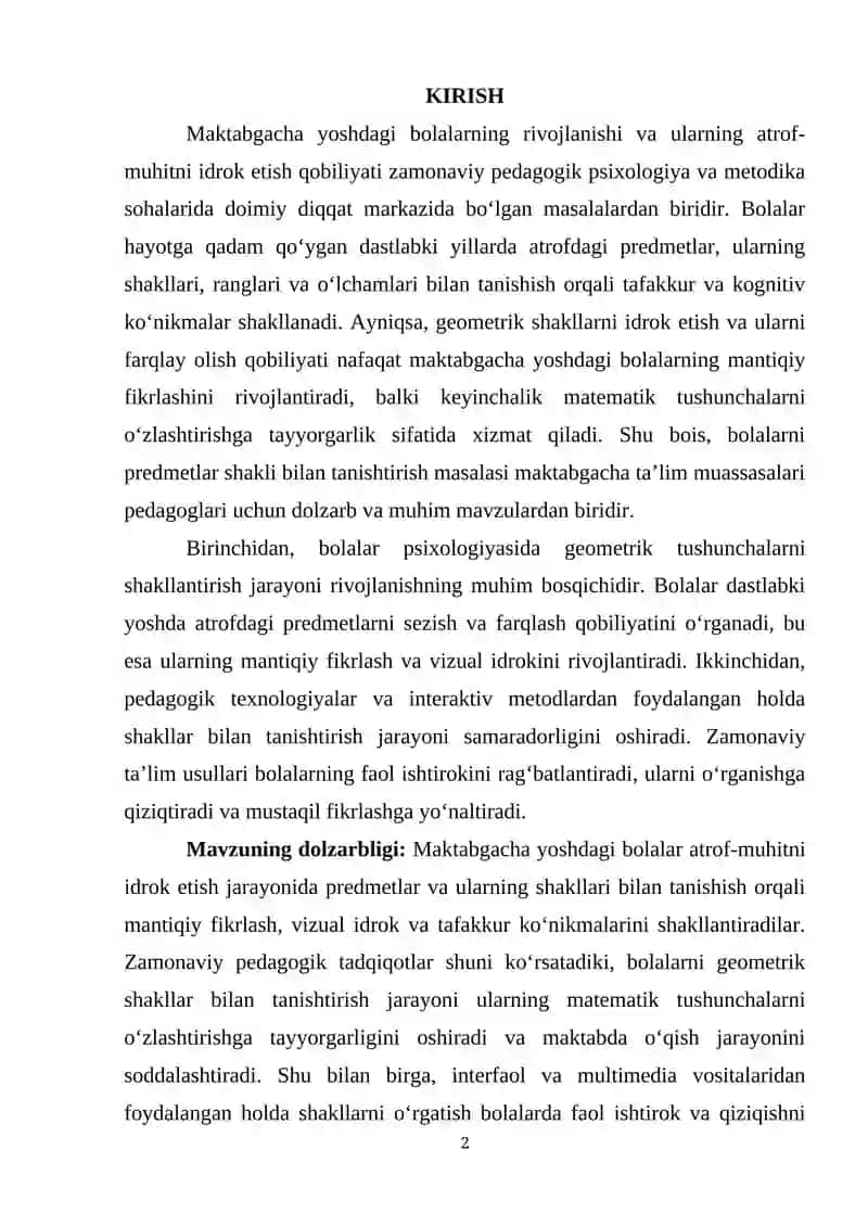 HAR BIR YOSH GURUHIDA BOLALARNI PREDMETLAR SHAKLI BILAN TANISHTIRISH METODIKASI 2