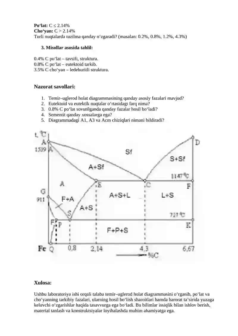 Temir-uglerod (Fe-C) holat diagrammasi laboratoriya mashg'uloti 2
