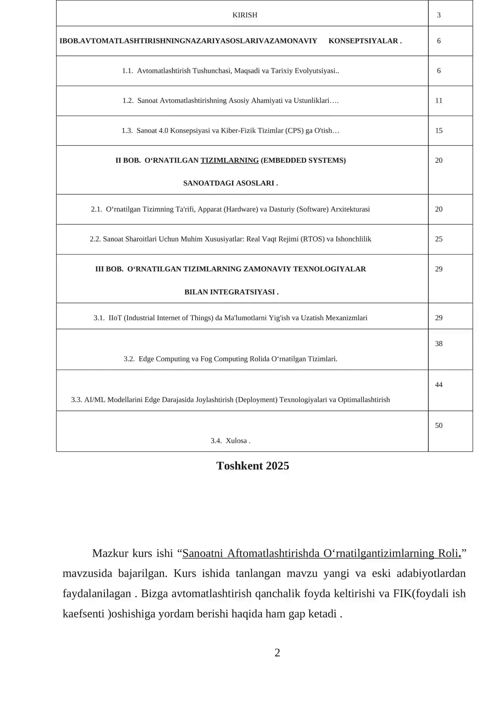 SANOATNI AFTOMATLASHTIRISHDA O‘RNATILGANTIZIMLARNING ROLI. KURS ISHI ISHIGA HISOBOT YOZUVI 2