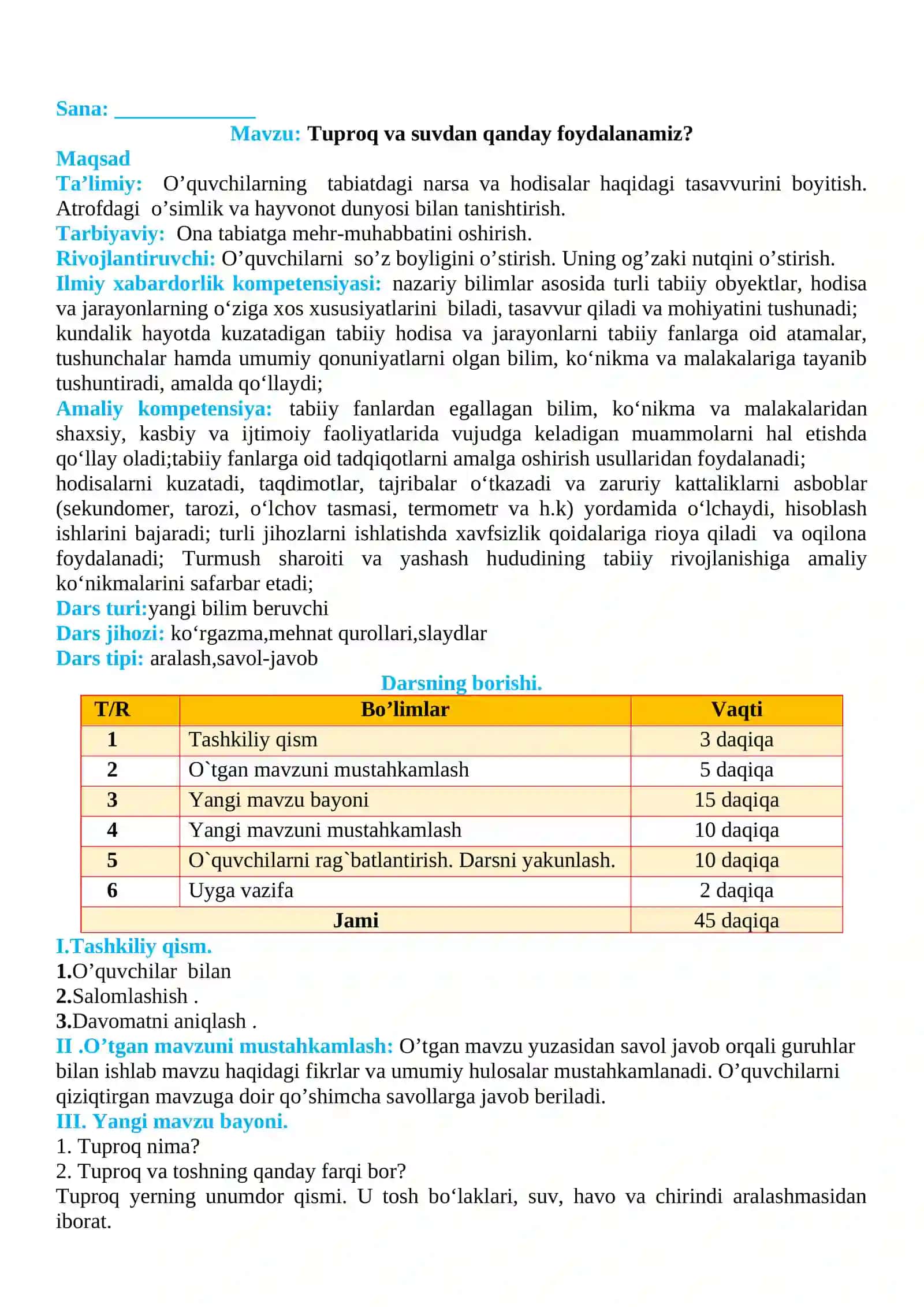 3-sinf Tabiiy fan (Science) Tuproq va suvdan qanday foydalanamiz dars ishlanma 2